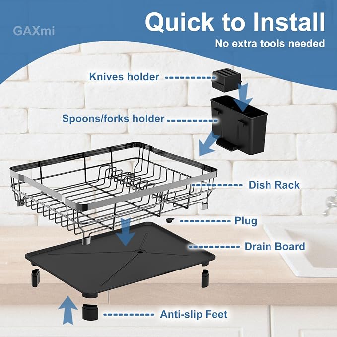 GAXmi Dish Drying Rack with Drainboard for Kitchen Countertop 1-Tier Grey | With utensil holder, Over the sink, Quick drainage, Space-saving, Large capacity