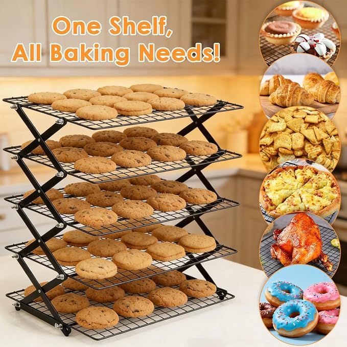 4 Tier Collapsible Cooling Rack with 3 Setting Design Adjustable ＆ Stackable Baking Rack, X-Shaped Structure Cooling Rack for Cooking and Baking, Cookies, Bread, Baking Must Haves