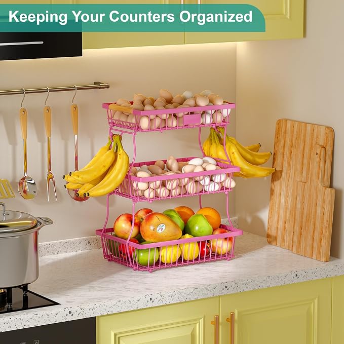 3 Tier Fruit Basket for Kitchen Counter with 2 Banana Hangers, Countertop Metal Fruit Bowl with Wooden Handle, Large Storage Stand for Vegetables, Snacks, Breads, Produce Storage – Rose Pink