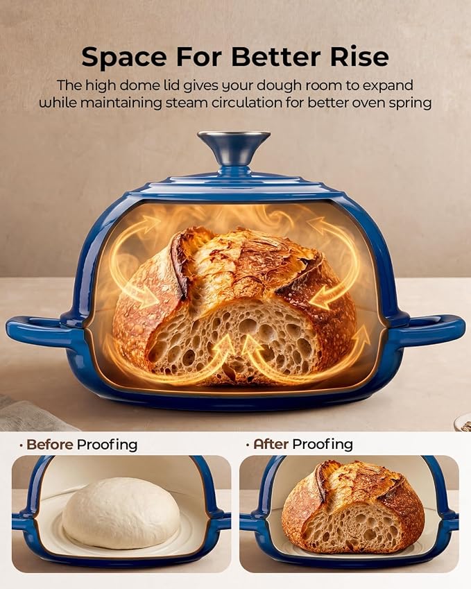 5QT Enameled Cast Iron Sourdough Bread Oven & Starter Kit, Blue | Tight-fitting Dome Lid Helps Retain Steam, Baking Kit Supports Proofing, Scoring & Dough Transfer, Complete Artisan Bread Set