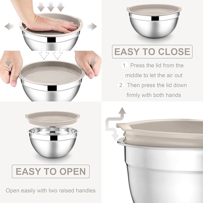 E-far Mixing Bowls with Lids Set, 7-Piece Stainless Steel Metal Mixing Bowls with Grater Attachments, Size 4.6, 3.5, 2.6, 2, 1.5, 1, 0.7QT, Nesting Design & Khaki Airtight Lids, For Cooking/Serving
