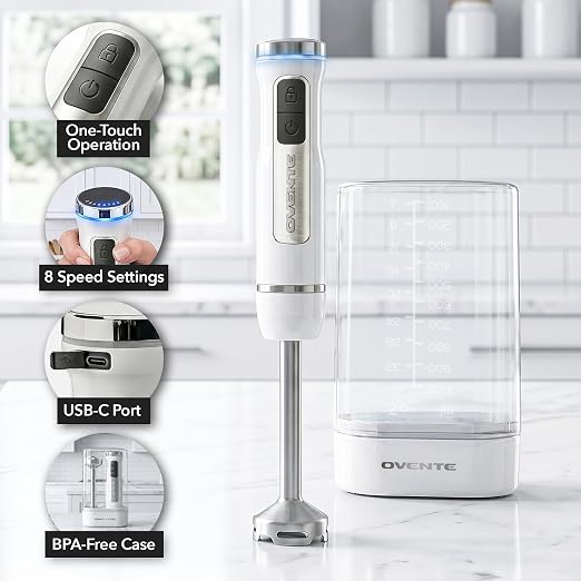OVENTE Cordless Hand Blender, Rechargeable with 8 Mixing Speed White HR781W | 200 Watts Handheld Portable Stick Mixer, One-Touch Control and Stainless Steel Blades for Smoothies, Shakes or Soups