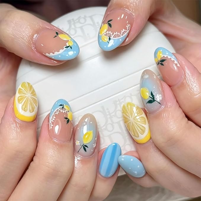 Summer Lemon Press on Nails Short Almond Shape Fake Nails with 3D Lemon Floral Design Blue French Tip Glue on Nails Cute Fruit Beach Acrylic Nail Tips Full Cover False Nails for Women 24Pcs