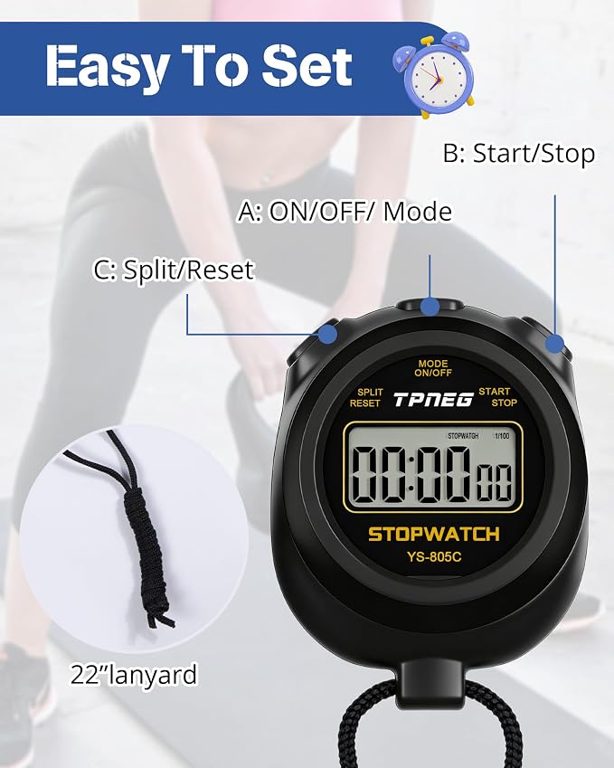 TPNEG Simple Stopwatch Timer - Easy to Use, Set Up, Read, and Carry - Large Display - On/Off, AAA Battery - Ideal for Coaches, Track and Field, Soccer Referees, Sports, Classroom