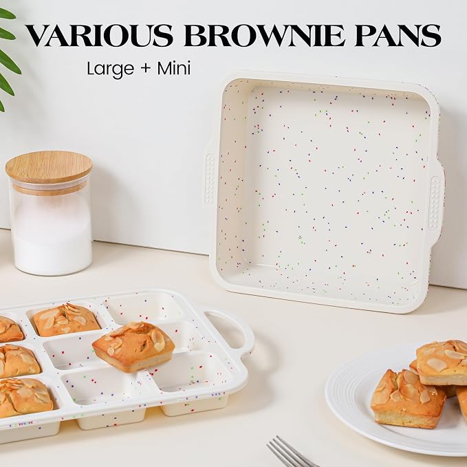 Mini Individual Square Brownie Pan with Dividers, Cream | 2 Pcs, Metal Reinforced Frame, Silicone Nonstick, 12 Cup , Muffin Cupcake Pans