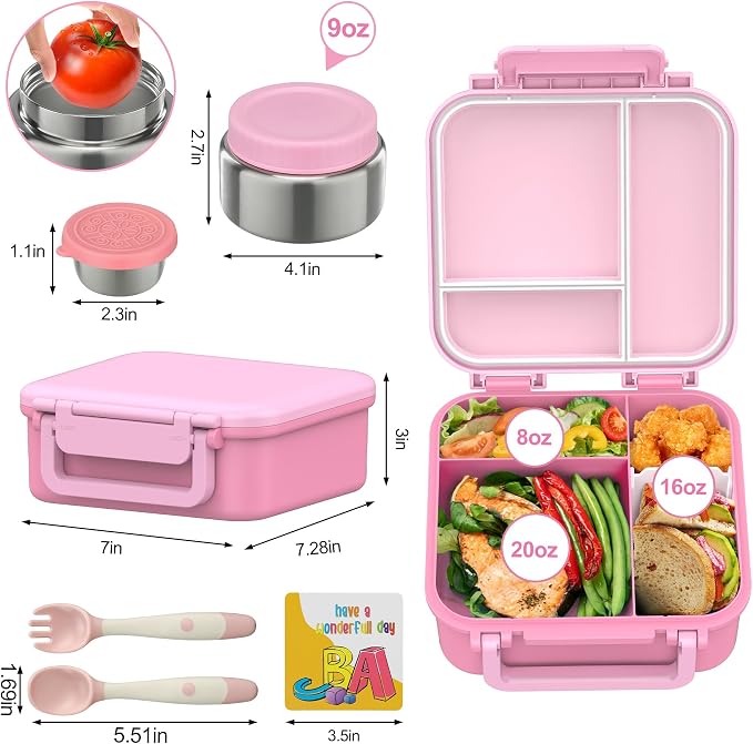 Kids Bento Lunch Box with 9oz Soup Thermo Leakproof Lunch Food Containers 4 Compartment with Insulated Hot Food Jar for Kid Toddler Girls Boys to School, Trvael