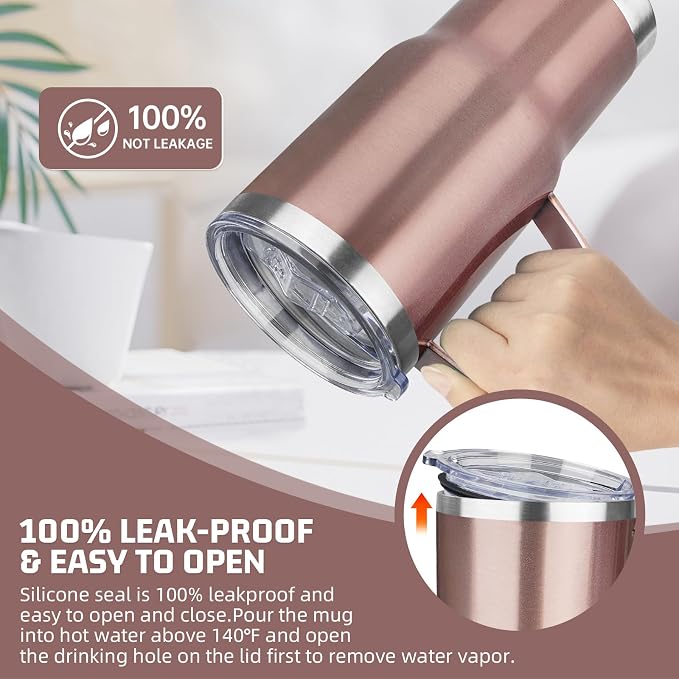 20 oz Tumbler with Handle Stainless Steel Insulated Coffee Tumbler with Lid and Straw Double Wall Vacuum Insulated Coffee Mug Leak Proof Travel Mug Tumbler for Hot and Cold Drink (Rose Gold,4pack)