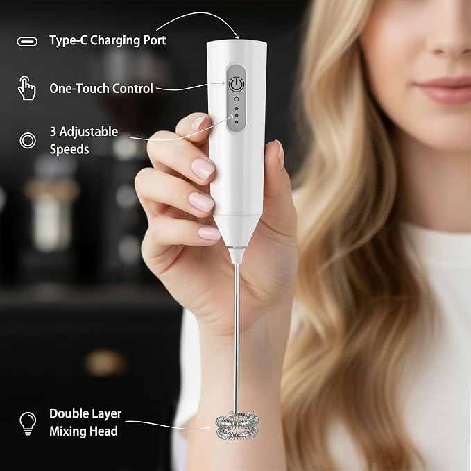 Puraville Rechargeable Electric Milk Frother Handheld, White | 3 Speeds Electric Whisk Drink Mixer, Type-C Charging BPA Free for Coffee, Latte, Cappuccino, Egg