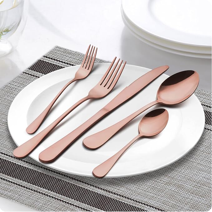 LIANYU 10-Piece Copper Silverware Set for 2, Stainless Steel Cutlery Set | Flatware with Knives Spoons Forks, Eating Utensils for Wedding Festival Party, Mirror Finished, Dishwasher Safe