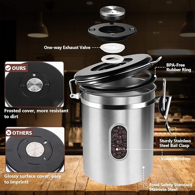 Airtight Coffee Canister with Date Tracker&Transparent Window, 35OZ Coffee Container with 30ML Measure Spoon&4 co2 Valve, Coffee Bean Storage Container for Grounds Coffee, Beans, Tea(Silver)