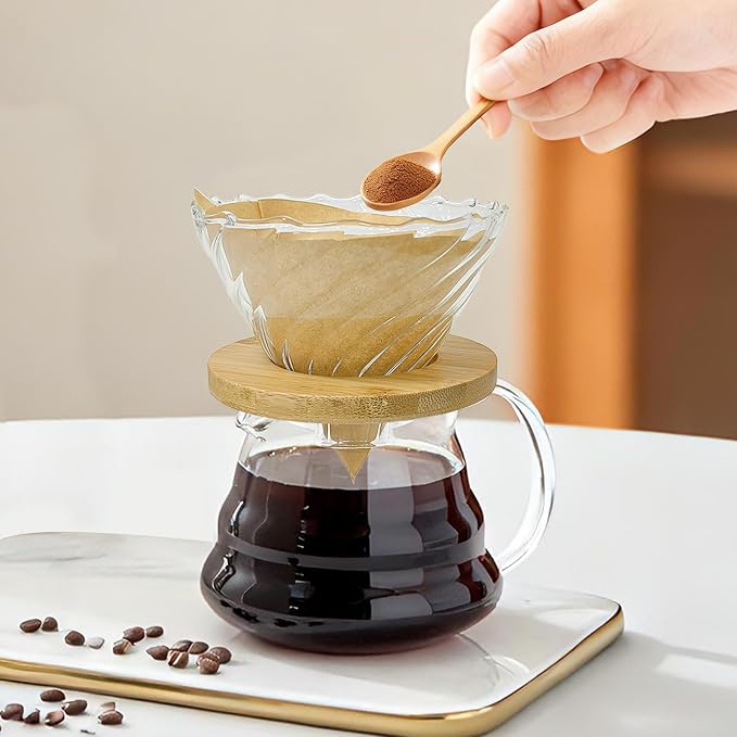 Gute Glass Pour Over Coffee Dripper with Bamboo Stand & Handle,1-4 Cups | Spiral Inner Design,Heatproof Glass,Detachable Bamboo Base,With Handle,Rinse Clean in 1Min,Fits Most Mugs & Thermoses