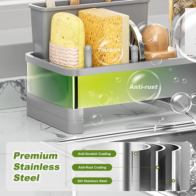 Ewaiira Stainless Steel Sink Caddy, Sponge Holder for Kitchen Sink 9.8″ | with Brush Holder Dishcloth Rack, Rustproof Sink Organizer Countertop, Soap Kitchen Organizers Storage Essentials, Gray
