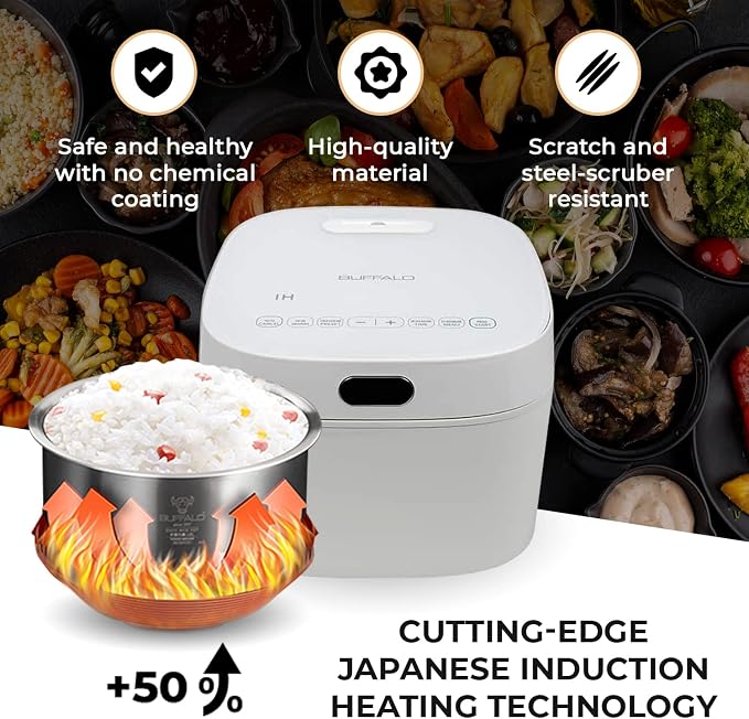 Buffalo SMART COOKER Induction Heating IH Rice Cooker and Warmer, 1 L, 5 cups of rice, Non-Coating inner pot, Efficient, Multiple function, White (5 cups) | Non-Stick 1L Electric Rice Maker, Warmer for White/Brown Rice, Grain - Easy-to-clean & Non-Coat...