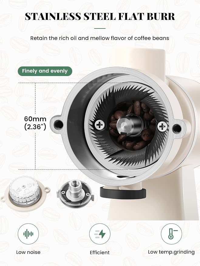 Huanyu 60mm Flat Burr Coffee Grinder, Retro Cream White for Home Cafe | Stainless steel burr, 8 precision grind settings, 250g hopper, magnetic anti-splash outlet, sifting cup, for home cafe, 200w