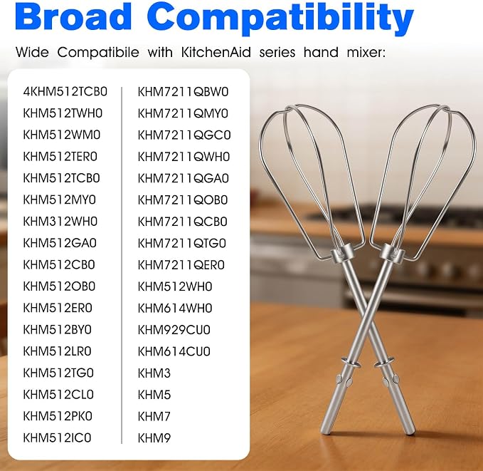 W10490648 Hand Mixer Beaters for KitchenAid, Stainless Steel Turbo Beaters, 2 Pack | Compatible with KitchenAid Mixer Replacement KHM2B AP5644233 PS4082859 Parts