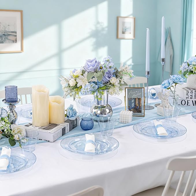 DaYammi 210PCS Blue Glitter Plastic Dinnerware Set for 30 Guests, Fancy Disposable Plates for Party, Include: 30 Dinner Plates, 30 Dessert Plates, 30 Pre Rolled Napkins with Blue Silverware, 30 Cups