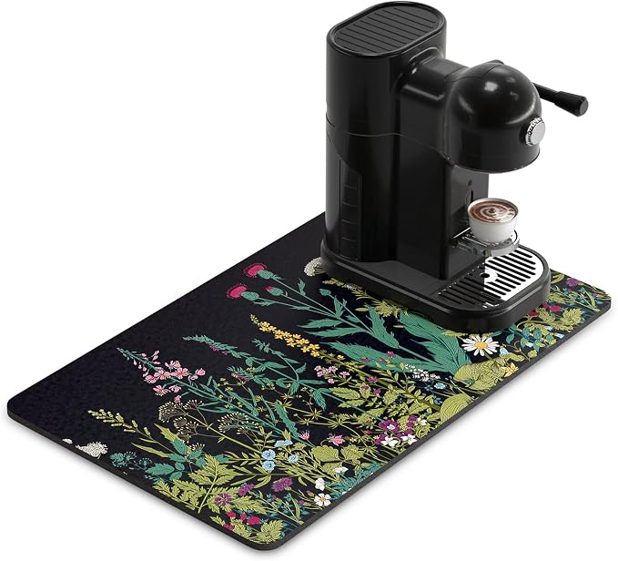 Rnivvi Coffee Mat, 12" x 19" Cute Flower Theme Coffee Bar Mats for Espresso Machine Station Accessories and Organizer, Hide Stain Rubber Backed Absorbent Dish Drying Pad for Kitchen Counter, Black