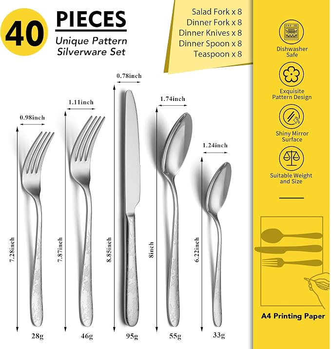 40 Piece Silverware Set, Service for 8, EIUBUIE Premium Stainless Steel Cutlery Set, Mirror Polished Flatware Sets with Pattern Handle, Modern Kitchen Eating Utensils Sets
