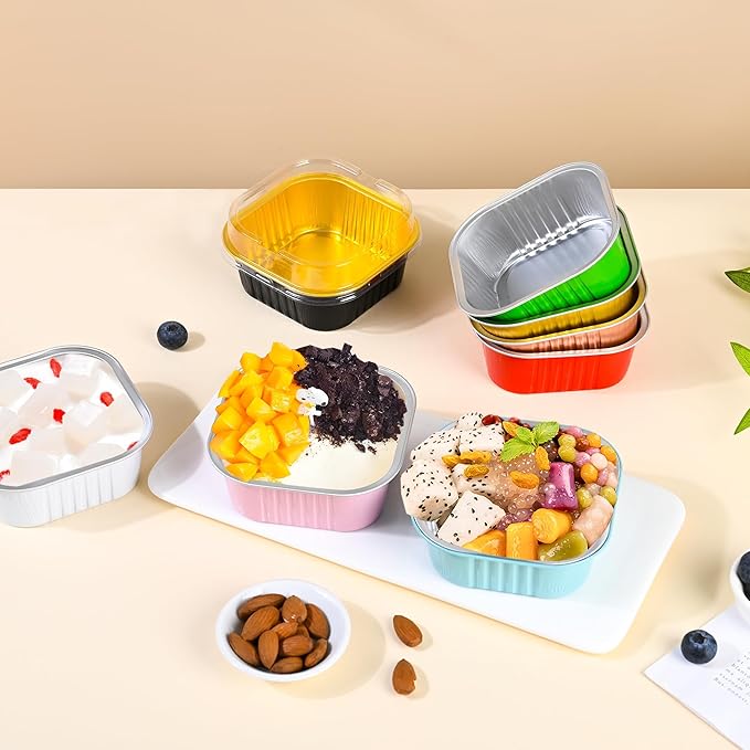 40 Pack Mini Cake Pans with Lids, 5oz Square Aluminum Foil Brownie Baking Cups, Muffin Tin Ramekins, Disposable Dessert Cupcake Cups for Wedding Birthday Party, Blue