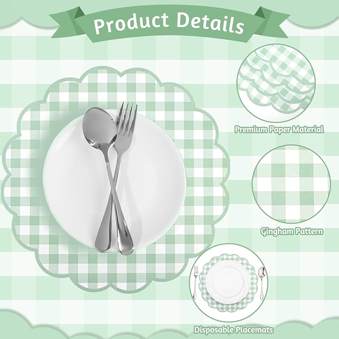 60 Pcs Sage Green Gingham Paper Placemats, Scalloped Checkered Place Mats | 13.5 Inch Disposable Placemat Decorative Paper for Table Setting BBQ Baby Shower Wedding Bridal Banquet Tea Party