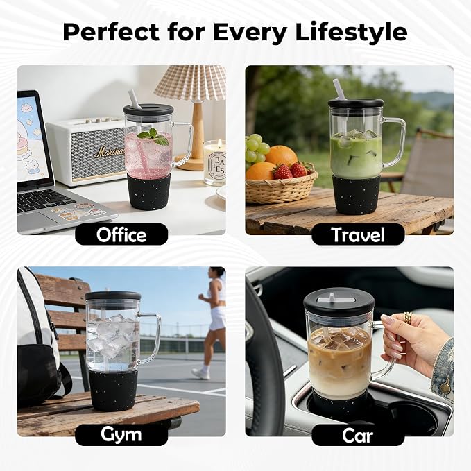 40oz Glass Tumbler with Flip Straw Lid, Handle, Silicone Sleeve, Black | Leakproof Lid, Fits Car Cup Holder Glass for Iced Coffee, Water, Cold Drinks, Travel, Outdoor, Partys&Home