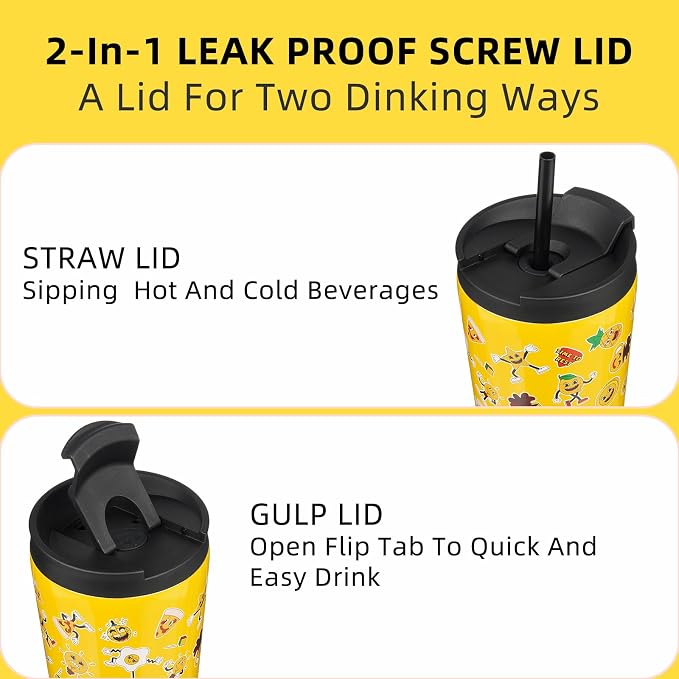 BJPKPK 22 oz Coffee Tumbler with Straw, Insulated Stainless Steel Cup | Double Wall Vacuum, Leak Proof Lid, Keeps Hot/Cold/Iced, BPA Free, Cupholder Friendly, Travel, Hawaii Fruits-Yellow
