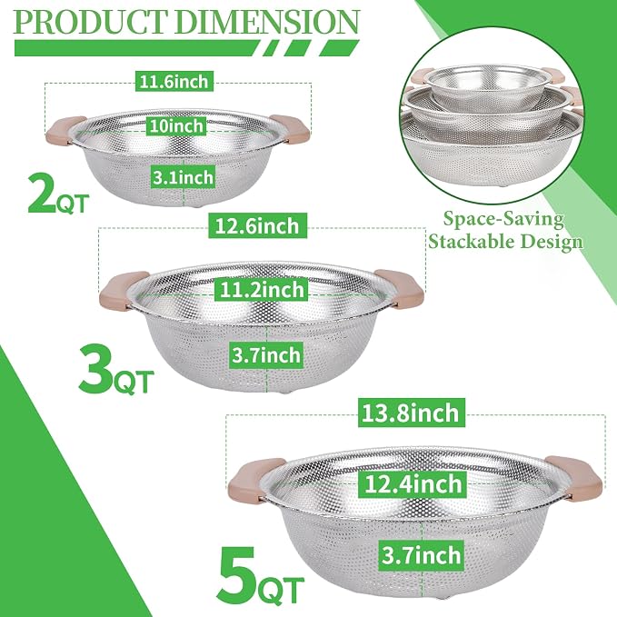 Colander Set with Plastic Handles, Stainless Steel Micro-Perforated Colanders Strainers for Draining Rinsing Washing, Ideal for Pasta Vegetables Fruits, Heavy Duty & Dishwasher Safe
