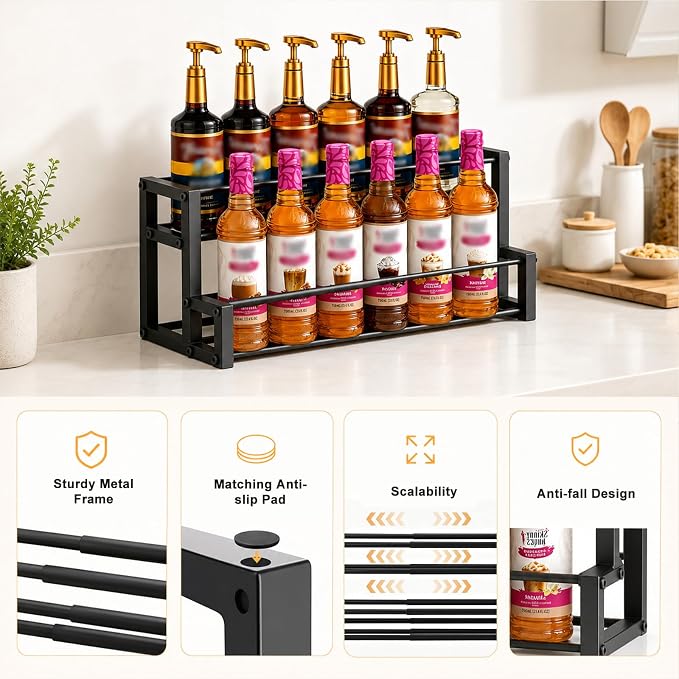 Gifhomfix Expandable Coffee Syrup Organizer, 2-Tier Heavy Duty Syrup Stand Holds 6 to 12 Syrup Bottles for Coffee Bar Accessories, Adjustable Width Bar Shelf, Wine Holder Countertop for Syrup, Wine