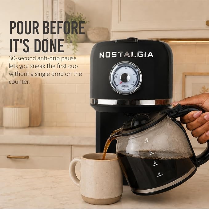 Nostalgia Classic Retro 10 Cup Coffee Maker - One-Touch Drip Brew, Reusable Filter - Anti-Drip, Auto Shutoff, & Time Display - Dishwasher Safe 50 oz Carafe - Black