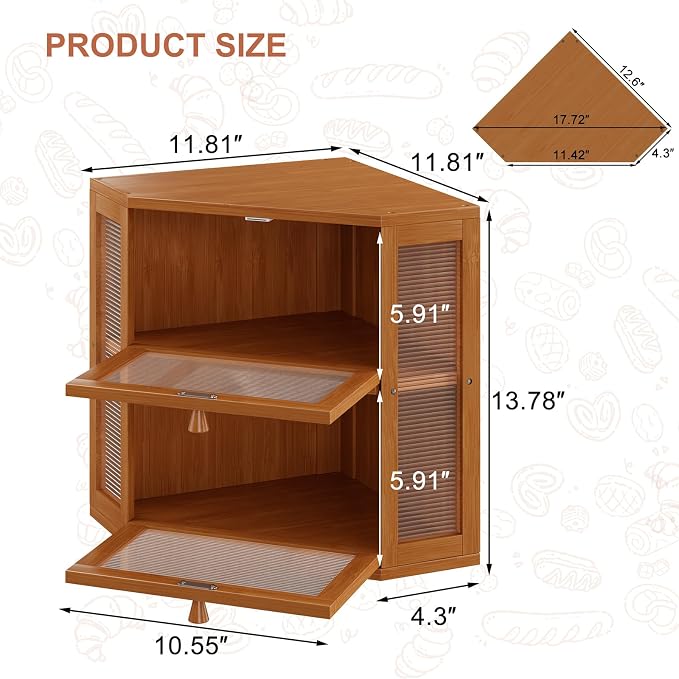 WOWLIVE Double Layer Corner Bread Box for Kitchen Countertop with 2 Doors | Bamboo Bread Storage Container, Large Farmhouse Breadbox with Acrylic Wavy Door, Under Cabinet Organizer, Caramel, Medium
