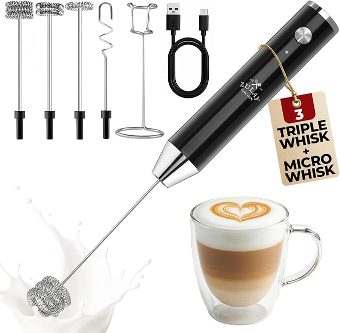 Zulay Kitchen Rechargeable Milk Frother Handheld - Frother Wand, Drink Mixer, Electric Whisk Frother, for Cappuccinos, Matcha & Protein Powder - Lux 4 Whisk 2 Speed Waterproof 2000mAh Alpha Black