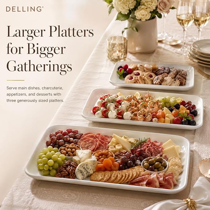 DELLING Serving Platter Set 18/16/14 Inch, Large White Porcelain Serving Trays for Entertaining, Rectangular Platters for Turkey Fruit Appetizer Party Wedding, Microwave Oven Dishwasher Safe, 3-Pack