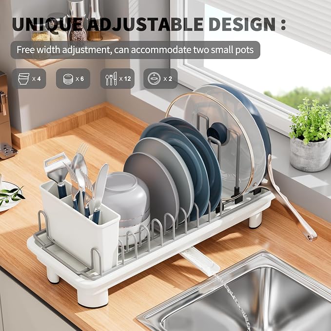 Small Dish Drying Rack, Stainless Steel with Drain Board & Utensil Holder | Anti-Scratch Base, Space Saving Design for Kitchen Counter, White