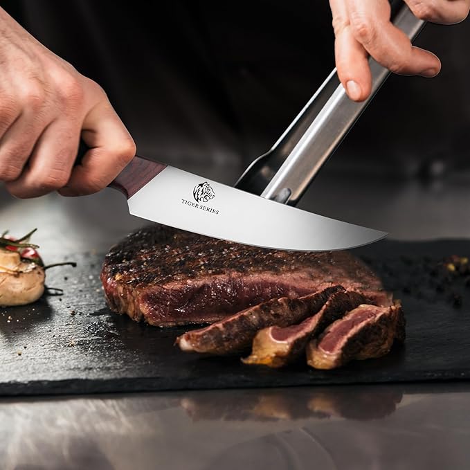 Steak Knives Set of 6, 4.5" Non-Serrated Steak Knife with Pakkawood Handles | Ultra-Sharp Steak Knives High Carbon Stainless Steel, Ergonomic Full-Tang Wooden Handles, for Families & Restaurants