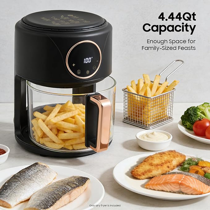 8-in-1 Glass Air Fryer, 4.5Qt Capacity Non Toxic Air Fryer, 360° Viewable Bowl, Touchscreen Display, Precise Temperature(175°F - 400°F), 1200W Oil Cooking Dishwasher Safe Glass Pot - Black