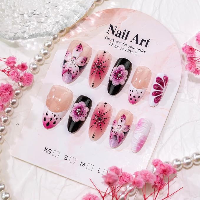 30Pcs 3D Flower Press On Nails Medium Almond Fake Nails Purple Pink Nude Gradient Acrylic Nails with Rhinestones Designs French Tip False Nails Full Cover Summer Floral Artificial Nails for Women