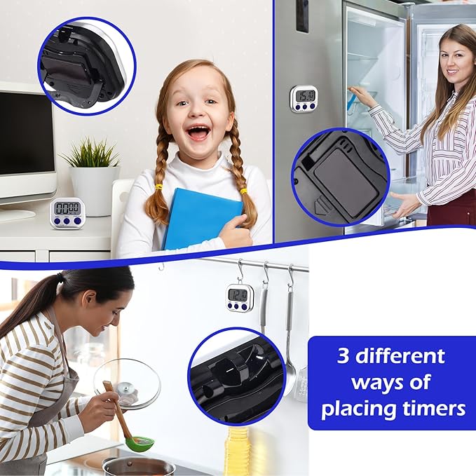 Leumoi 24 Pack Multi-Function Digital Timers with Magnetic Back, Large LCD Display, Loud Alarm, Count up & Countdown, Memory Function for Cooking, Classroom, Study, Exercise & Work(Sliver and Blue)