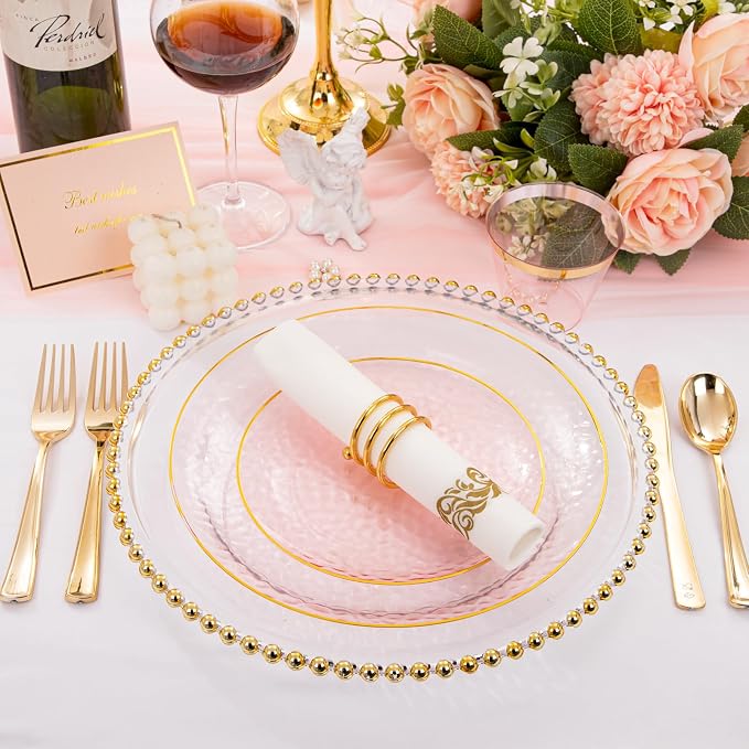 Rubtlamp 175 Pcs Pink Plastic Plates Dinnerware Set (25 Guests), Pink Disposable Plates With Gold Rim, Hammered Party Platos Set Include Dinner Plates, Dessert Plates, Cups, Cutlery for Party
