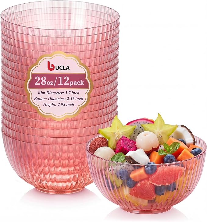 bUCLA 12 PCS Plastic Cereal Bowls Set - 28 Oz Clear Pink Disposable Vertical Stripes Serving Bowls for Snack, Salad, Dessert & Fruit