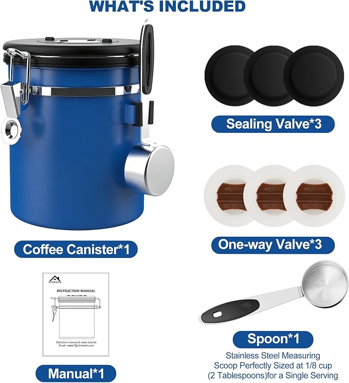 ShanSon Coffee Canister Airtight, Stainless Steel Bean Storage Container with Date Tracker & Scoop, Grounds Sugar Flour Tea Cereal Fits Kitchen Pantry, Ideal Gift for Coffee Lovers,16oz,Blue