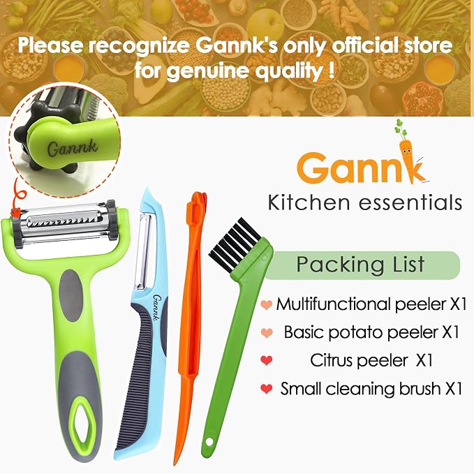 GANNK Potato Apple Vegetable Peelers for Kitchen, I and Y Peelers for Fruit Veggie Potatoes Carrot Cucumber, 3 in 1 Blade Spin Design With Julienne Multifunctional