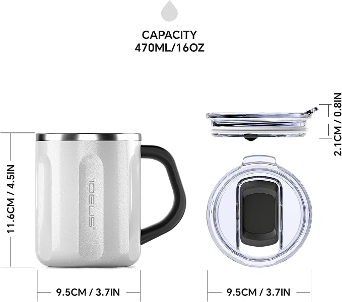 Ideus 16 oz Insulated Coffee Mug with Handle and Lid, Double Wall Stainless Steel Vacuum Thermal Coffee Mug, Travel Coffee Cup Thermal Cup for Home and Office, Snow White-FUJI FLOW