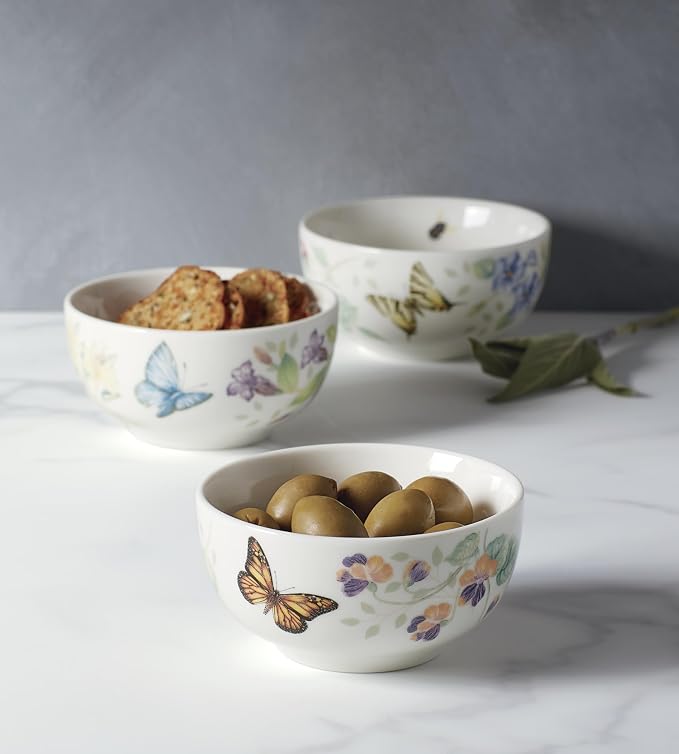 Lenox Butterfly Meadow Porcelain 3-Piece Mini Bowl Set for 1, 8oz | dishwasher safe | plates and bowls sets for kitchen and dining | 8oz capacity, . inch diameter, gift for women