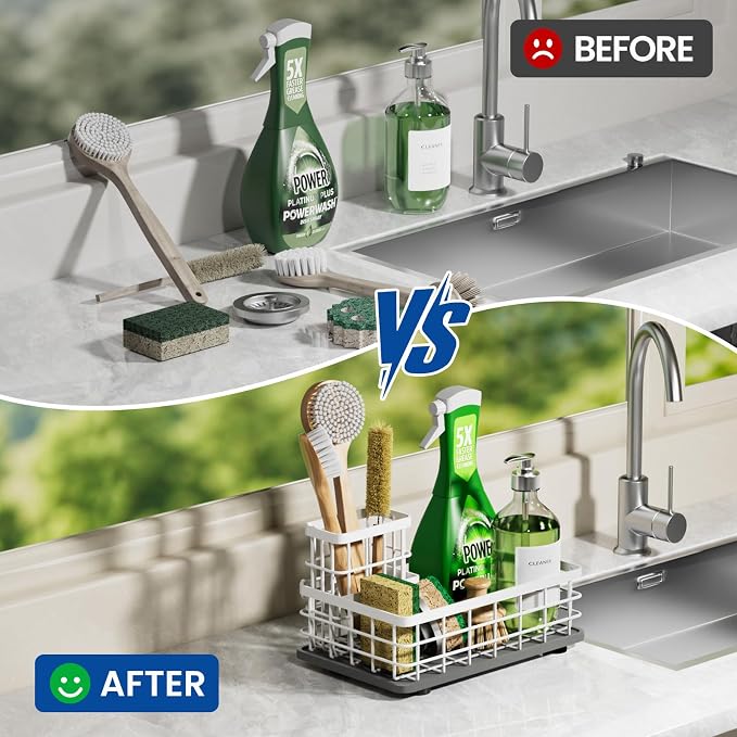 Kitchen Sink Caddy Organizer with Sponge & Brush Holder, Stone Drying Mat | Extra-Large Kitchen Countertop Organizer, Stainless Steel Kitchen Sink Accessories with Quick-Dry Soap Tray for Fewer Stains