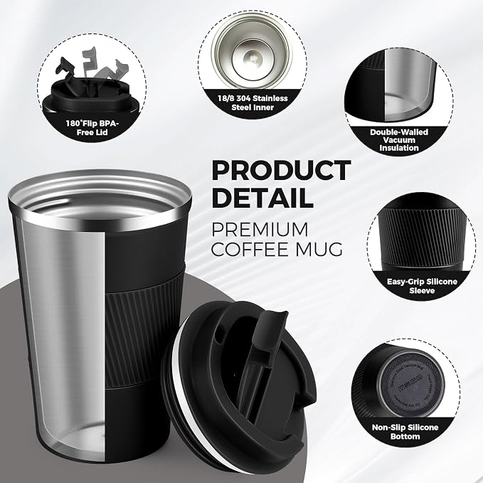 Volhoply 13 oz Stainless Steel Insulated Travel Coffee Mug with Fip Lid Bulk 4 Pack,Reusable Double Wall Vacuum Metal Coffee Cup,Portable Leak Proof Thermal Tumbler for Hot & Cold Drinks(Assorted,4)
