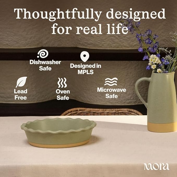 MORA Ceramic Pie Pan for Baking - 9 inch - Deep and Fluted Pie Dish for Old Fashion Apple Pie, Quiche, Pot Pies, Tart, etc - Modern Farmhouse Style Porcelain Ceramic Pie Plate - Nebula