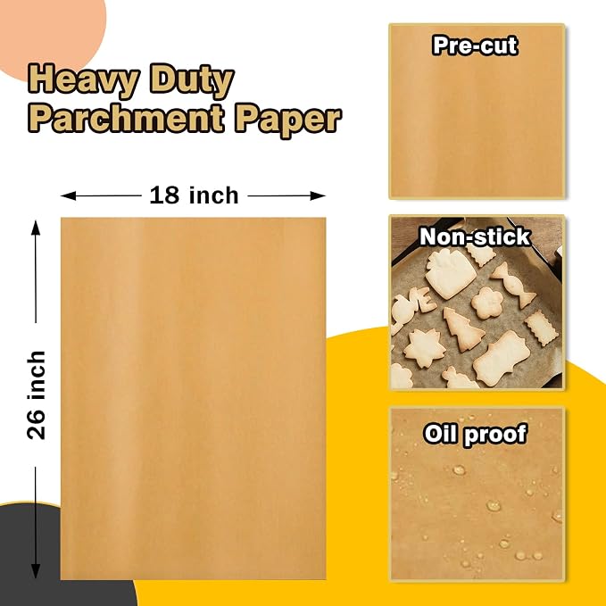 Katbite 200Pcs 18x26 inches Parchment Paper Sheets, Heavy Duty Unbleached Baking Paper, Pre-cut and Oil Proof Perfect for Steaming Cooking Bread Cake & Wrapping Foods | Unbleached precut oil proof full sheet paper, ideal for steaming, cooking, baking b...