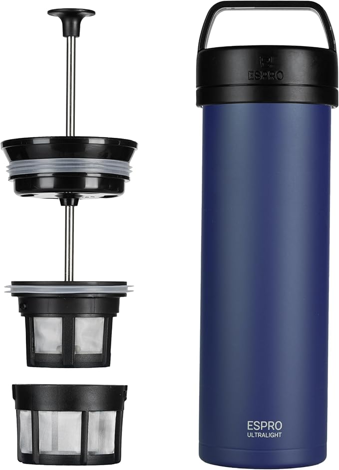 ESPRO Go P0 Ultralight French Press Coffee Maker for Travel, Vacuum Insulated Stainless Steel, 16 Ounces, Aegean Blue