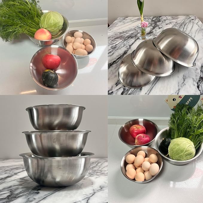 Stainless Steel Mixing Bowl Thickened 3-Piece Set, Nested Flat Bottom 1.3QT (1200ml)/1.9QT (1800ml)/2.6QT (2500ml) Kitchen Food Storage Organizer for Baking, Salad Prep, Vegetable Washing (Silver)
