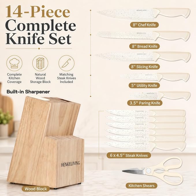 14-Piece Cream Kitchen Knife Block Set with Built-in Sharpener | Dishwasher safe, german high-carbon stainless steel blades, ultra-sharp edges, ergonomic non-slip handles
